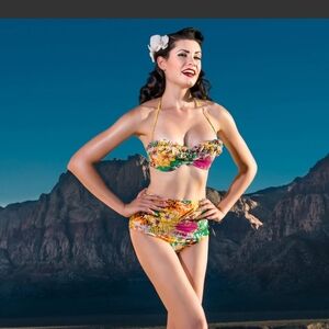 High-Waist Floral Bikini Set in Yellow and Green
